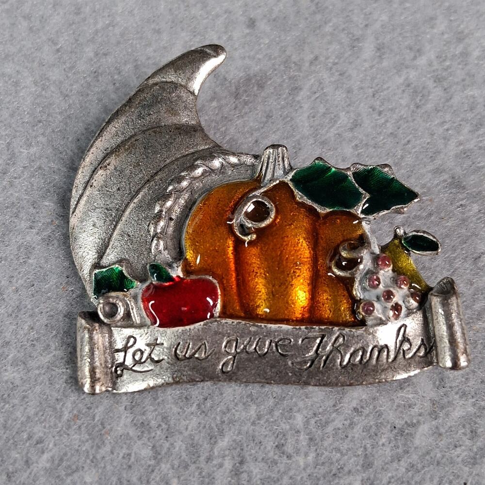 Vintage AJMC Thanksgiving Pin Brooch Fall Autumn Let Us Give Thanks Silver Tone